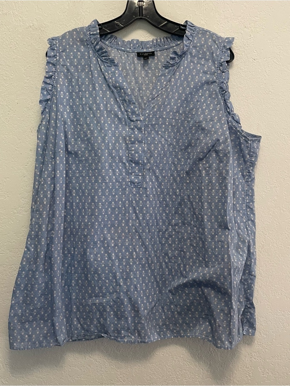 Talbots Size 2X Sleeveless Ruffle Blue Print Top Cotton Cottagecore Coastal